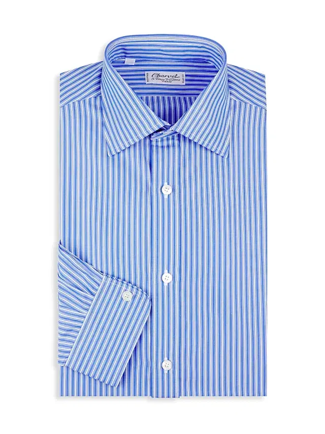 Charvet Men's Striped Cotton Dress Shirt - Blue - Size 17.5