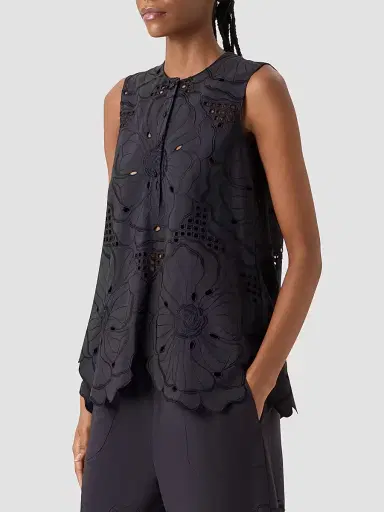 Akris punto Women's Floral Eyelet Cotton Tunic Blouse - Black - Size 16 | Thumbnail 6 Akris punto Women's Floral Eyelet Cotton Tunic Blouse - Black - Size 16 | Thumbnail 6