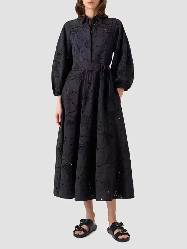 Akris punto Women's Floral-Embroidered Eyelet Cotton Midi Shirtdress - Black - Size 14 | Thumbnail 2