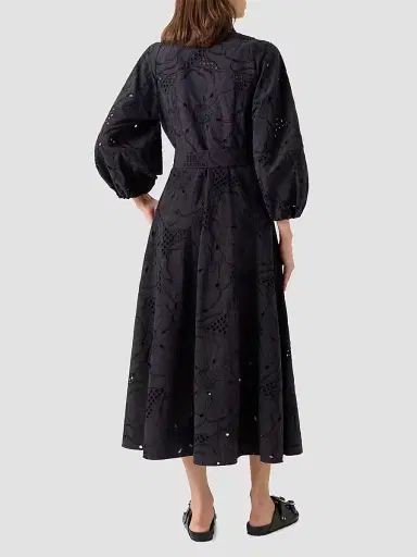 Akris punto Women's Floral-Embroidered Eyelet Cotton Midi Shirtdress - Black - Size 14 | Thumbnail 3