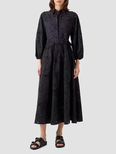 Akris punto Women's Floral-Embroidered Eyelet Cotton Midi Shirtdress - Black - Size 14 | Thumbnail 4
