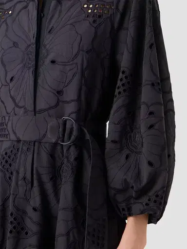 Akris punto Women's Floral-Embroidered Eyelet Cotton Midi Shirtdress - Black - Size 14 | Thumbnail 5