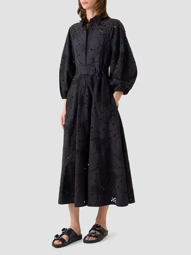 Akris punto Women's Floral-Embroidered Eyelet Cotton Midi Shirtdress - Black - Size 14 | Thumbnail 6