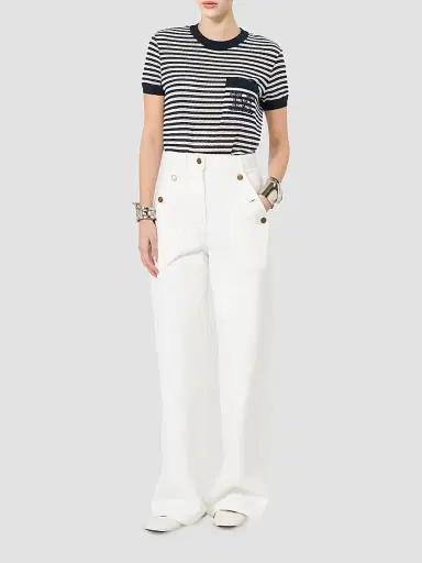 Max Mara Women's Striped Cotton Mesh T-Shirt - White Blue - Size XL | Thumbnail 2