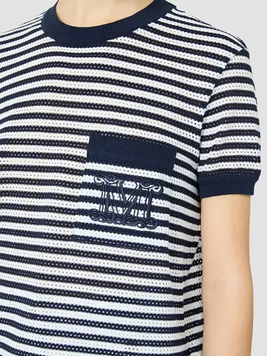 Max Mara Women's Striped Cotton Mesh T-Shirt - White Blue - Size XL | Thumbnail 5