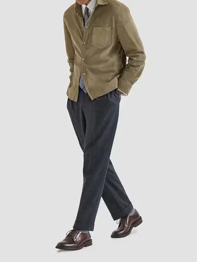Brunello Cucinelli Men's Virgin Wool Flannel Trousers in Twisted Cotton Gabardine - Lignite - Size 48 | Thumbnail 2