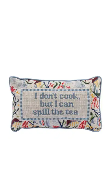 Furbish Studio Spill The Tea Needlepoint Pillow | Thumbnail 1 Furbish Studio Spill The Tea Needlepoint Pillow | Thumbnail 1