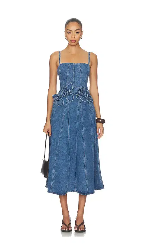 AKNVAS Eryn Midi Denim Dress With 3d Rose Detail