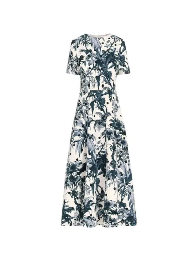 Oscar de la Renta Dotted Palm Leaves Cotton Poplin Short-Sleeve Dress