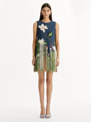 Oscar de la Renta Chiné Cyclamen Threadwork Fringe Shift Dress | Thumbnail 2