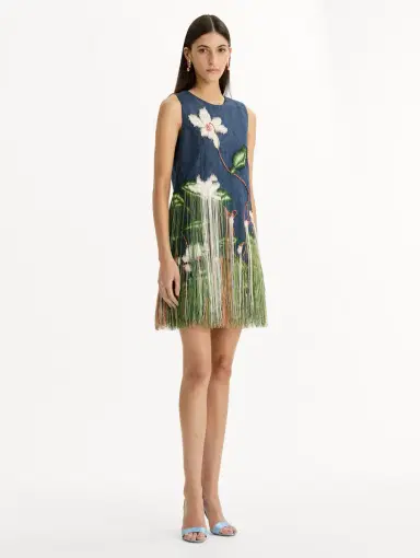 Oscar de la Renta Chiné Cyclamen Threadwork Fringe Shift Dress | Thumbnail 4