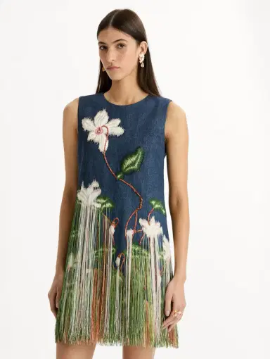 Oscar de la Renta Chiné Cyclamen Threadwork Fringe Shift Dress | Thumbnail 5