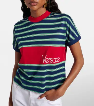 Versace Logo embroidered striped cotton T-Shirt | Thumbnail 2 Versace Logo embroidered striped cotton T-Shirt | Thumbnail 2