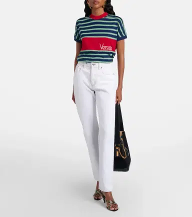Versace Logo embroidered striped cotton T-Shirt | Thumbnail 4 Versace Logo embroidered striped cotton T-Shirt | Thumbnail 4