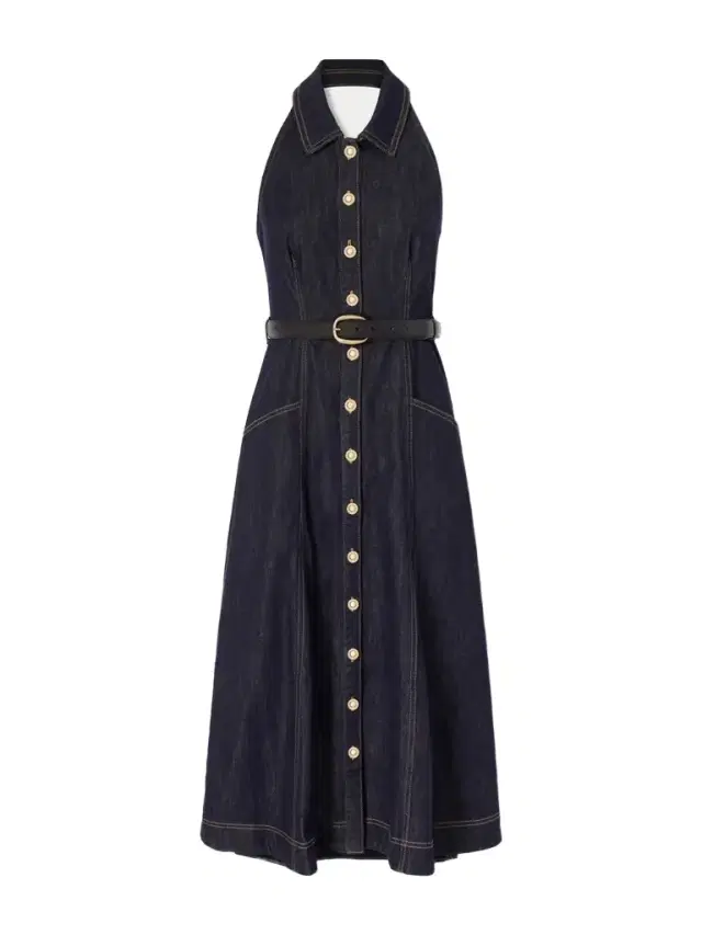 Belted Halterneck Denim Midi Dress