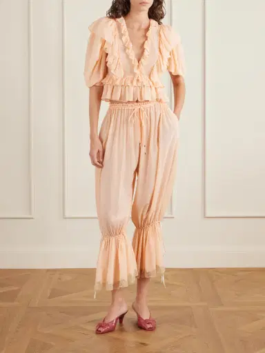 Chloé Ruffled Pleated Lace-trimmed Silk-charmeuse Balloon Pants | Thumbnail 2