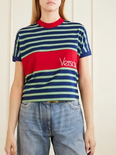 Versace Logo-embroidered Striped Cotton-jersey T-shirt | Thumbnail 3 Versace Logo-embroidered Striped Cotton-jersey T-shirt | Thumbnail 3