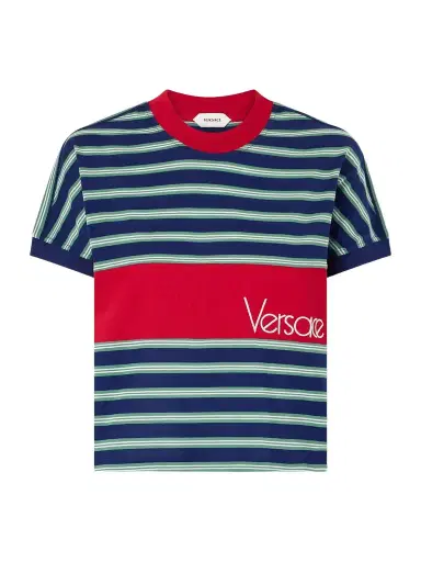 Versace Logo-embroidered Striped Cotton-jersey T-shirt | Thumbnail 1 Versace Logo-embroidered Striped Cotton-jersey T-shirt | Thumbnail 1