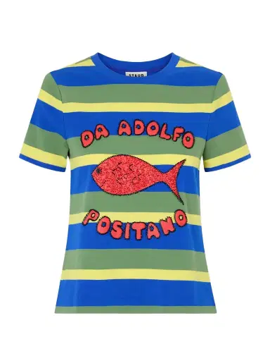 Staud + Da Adolfo Weekender Striped Printed Cotton-blend T-shirt | Thumbnail 1 Staud + Da Adolfo Weekender Striped Printed Cotton-blend T-shirt | Thumbnail 1