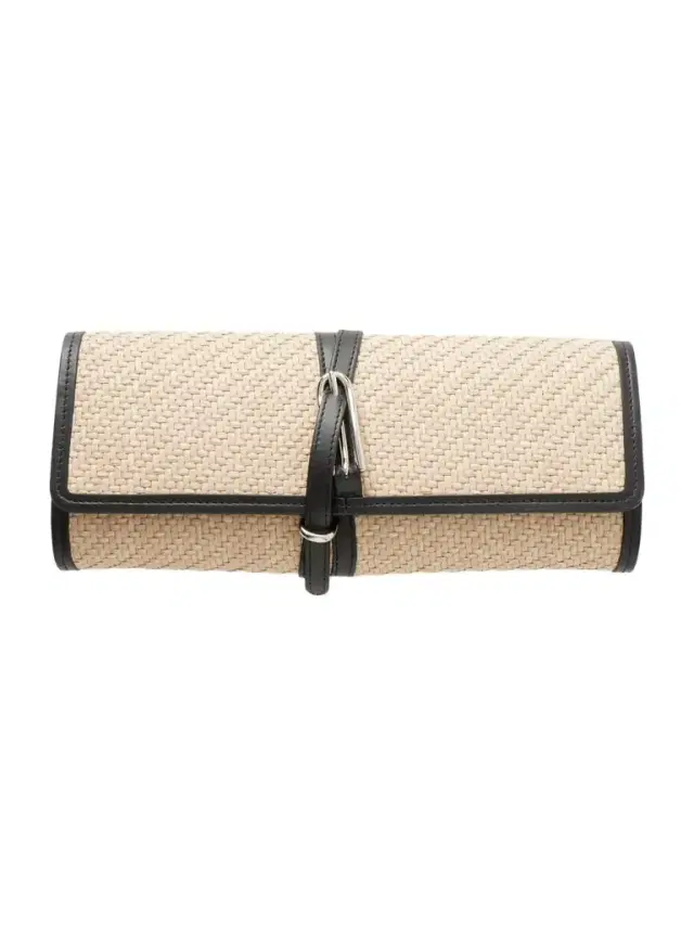 Liffner Belted Leather-trimmed Raffia Clutch