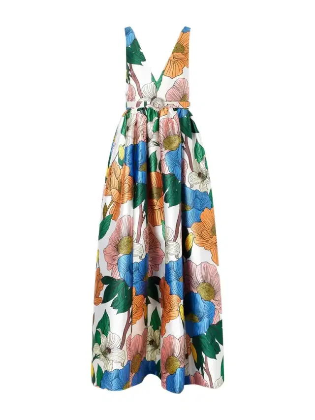 Borgo de Nor Isabella Belted Floral-print Taffeta Maxi Dress