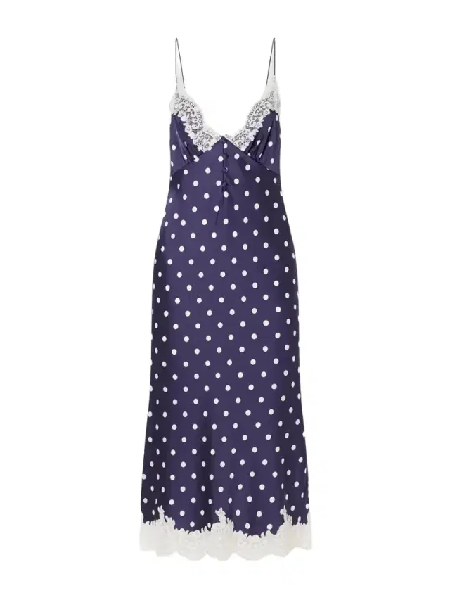 Self-Portrait Lace-trimmed Polka-dot Satin Midi Dress
