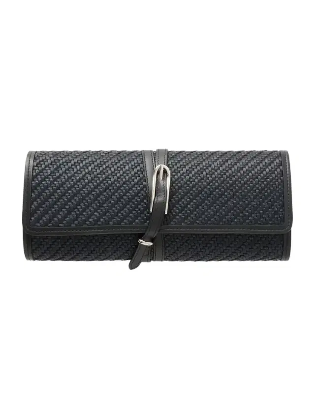 Liffner Belted Leather-trimmed Raffia Clutch