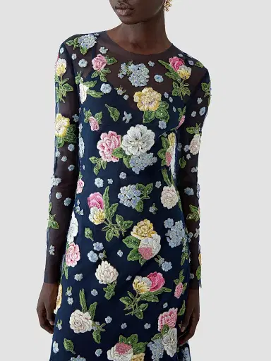 Carolina Herrera Women's Cabana Sheer Floral Embrodiered Midi-Dress - Midnight - Size 12 | Thumbnail 4 Carolina Herrera Women's Cabana Sheer Floral Embrodiered Midi-Dress - Midnight - Size 12 | Thumbnail 4