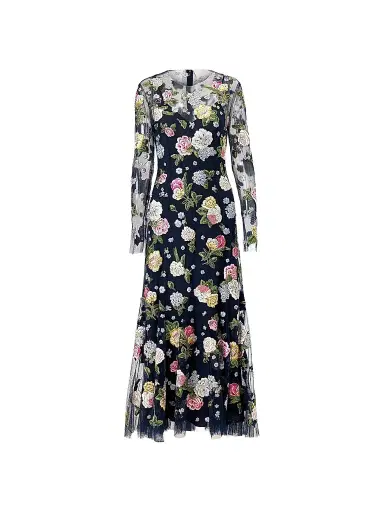 Carolina Herrera Women's Cabana Sheer Floral Embrodiered Midi-Dress - Midnight - Size 12 | Thumbnail 1 Carolina Herrera Women's Cabana Sheer Floral Embrodiered Midi-Dress - Midnight - Size 12 | Thumbnail 1