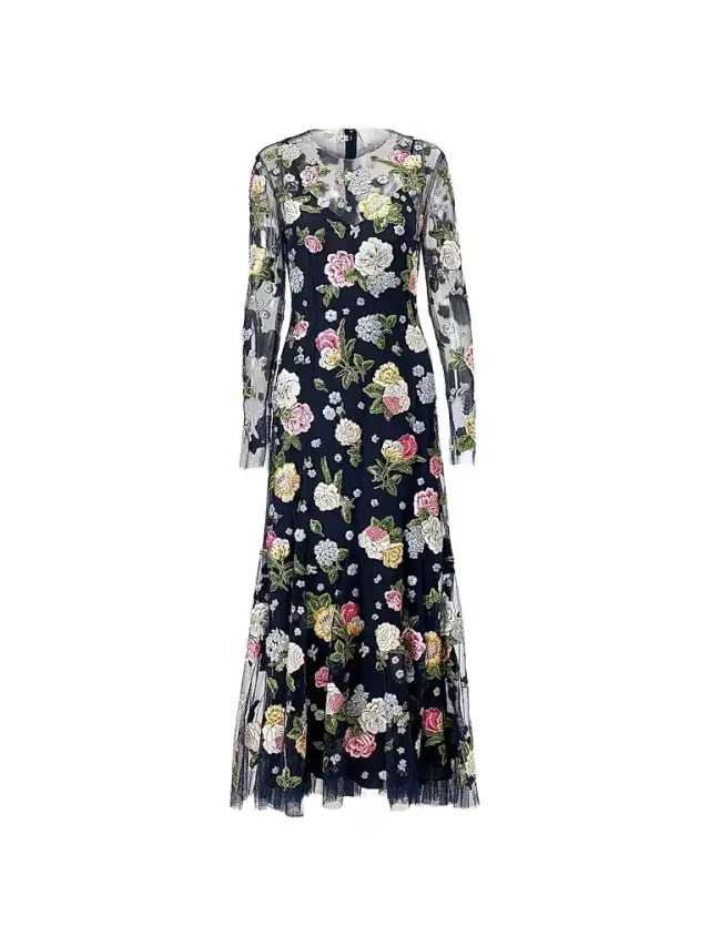 Carolina Herrera Women's Cabana Sheer Floral Embrodiered Midi-Dress - Midnight