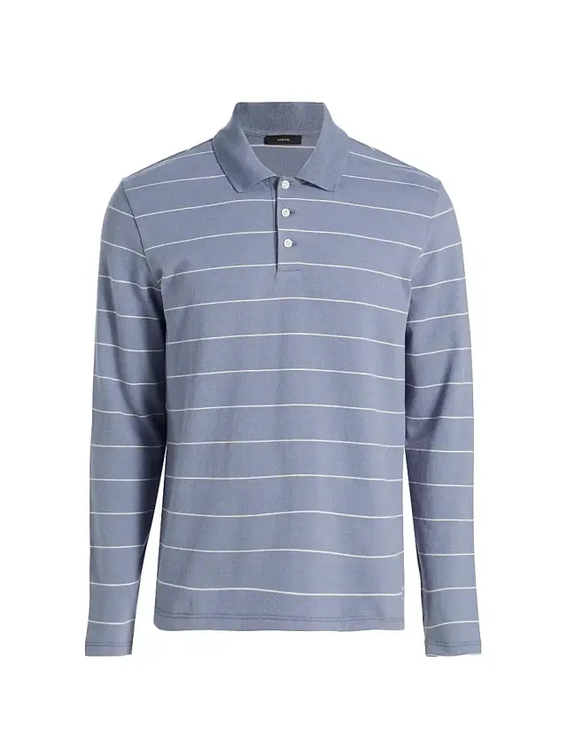 Vince Men's Striped Long-Sleeve Polo Shirt - Hawk Blue Smock