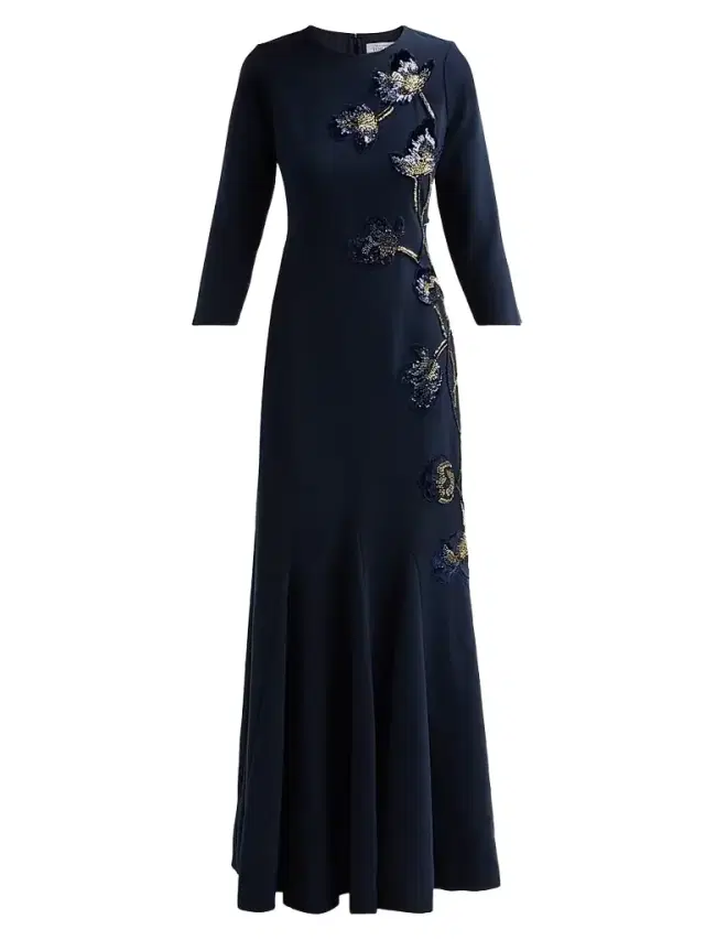 Teri Jon by Rickie Freeman Women's Embellished Godet Crepe Gown - Navy Multi