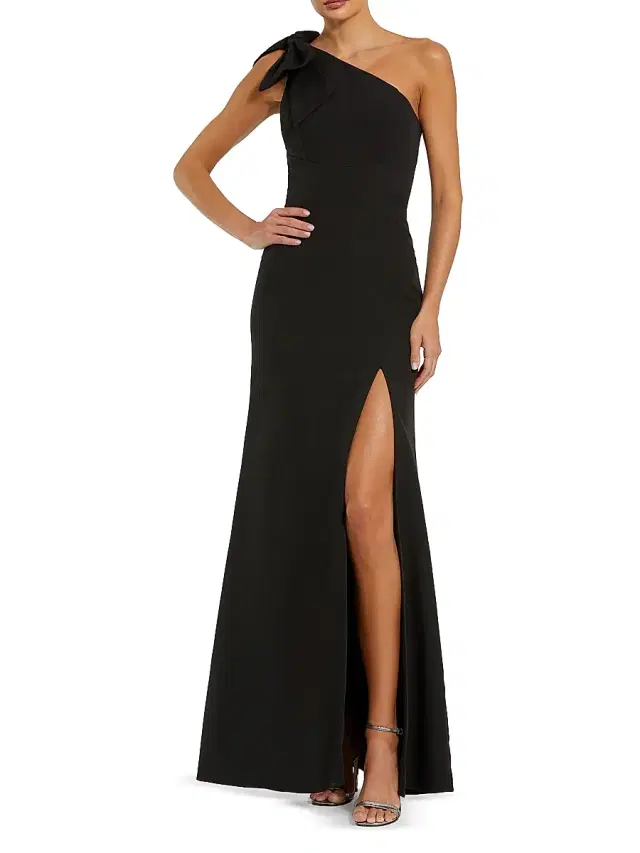 Women's Petite Bow-Detail Crepe One-Shoulder Gown - Black