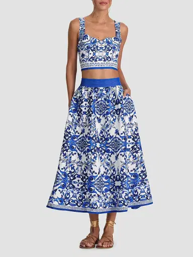 Alice + Olivia Women's Earla Majolica Linen-Blend A-Line Midi Skirt | Thumbnail 2 Alice + Olivia Women's Earla Majolica Linen-Blend A-Line Midi Skirt | Thumbnail 2