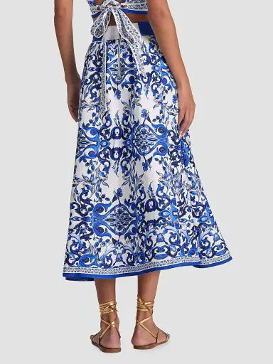 Alice + Olivia Women's Earla Majolica Linen-Blend A-Line Midi Skirt | Thumbnail 3 Alice + Olivia Women's Earla Majolica Linen-Blend A-Line Midi Skirt | Thumbnail 3