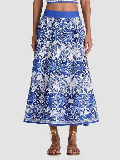 Alice + Olivia Women's Earla Majolica Linen-Blend A-Line Midi Skirt | Thumbnail 4 Alice + Olivia Women's Earla Majolica Linen-Blend A-Line Midi Skirt | Thumbnail 4