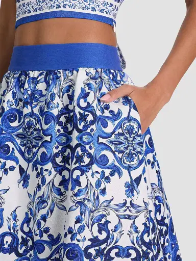 Alice + Olivia Women's Earla Majolica Linen-Blend A-Line Midi Skirt | Thumbnail 5 Alice + Olivia Women's Earla Majolica Linen-Blend A-Line Midi Skirt | Thumbnail 5