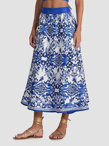 Alice + Olivia Women's Earla Majolica Linen-Blend A-Line Midi Skirt | Thumbnail 6 Alice + Olivia Women's Earla Majolica Linen-Blend A-Line Midi Skirt | Thumbnail 6
