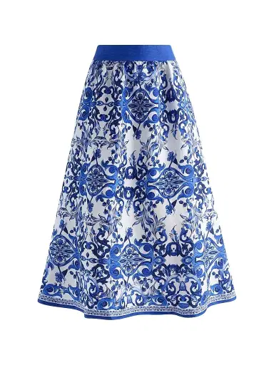 Alice + Olivia Women's Earla Majolica Linen-Blend A-Line Midi Skirt | Thumbnail 1 Alice + Olivia Women's Earla Majolica Linen-Blend A-Line Midi Skirt | Thumbnail 1