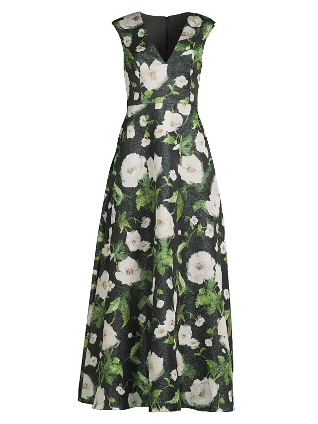 Aidan Mattox Women's Floral Satin Jacquard A-Line Gown - Black Multi