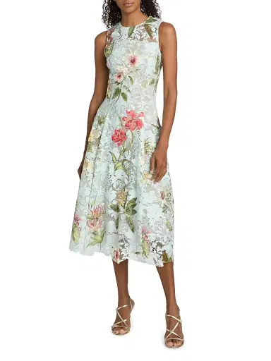 Oscar de la Renta Women's Floral-Print Lace Midi-Dress - Salt Water Multi | Thumbnail 2 Oscar de la Renta Women's Floral-Print Lace Midi-Dress - Salt Water Multi | Thumbnail 2