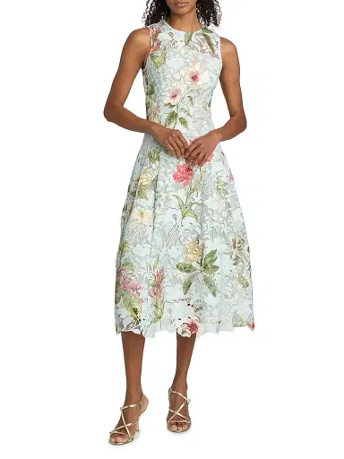 Oscar de la Renta Women's Floral-Print Lace Midi-Dress - Salt Water Multi | Thumbnail 3 Oscar de la Renta Women's Floral-Print Lace Midi-Dress - Salt Water Multi | Thumbnail 3