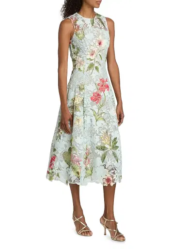 Oscar de la Renta Women's Floral-Print Lace Midi-Dress - Salt Water Multi | Thumbnail 4 Oscar de la Renta Women's Floral-Print Lace Midi-Dress - Salt Water Multi | Thumbnail 4