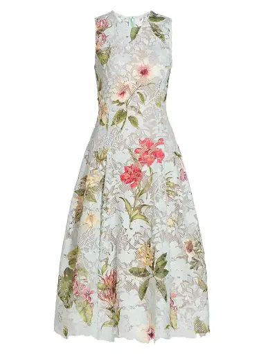 Oscar de la Renta Women's Floral-Print Lace Midi-Dress - Salt Water Multi | Thumbnail 1 Oscar de la Renta Women's Floral-Print Lace Midi-Dress - Salt Water Multi | Thumbnail 1