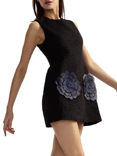 Cynthia Rowley Women's Jacquard 3D Flower Pocket A-Line Minidress - Black | Thumbnail 3