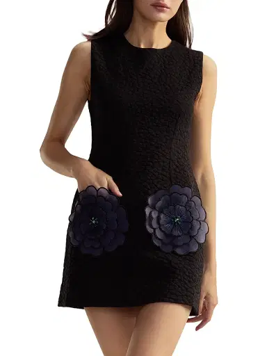 Cynthia Rowley Women's Jacquard 3D Flower Pocket A-Line Minidress - Black | Thumbnail 1