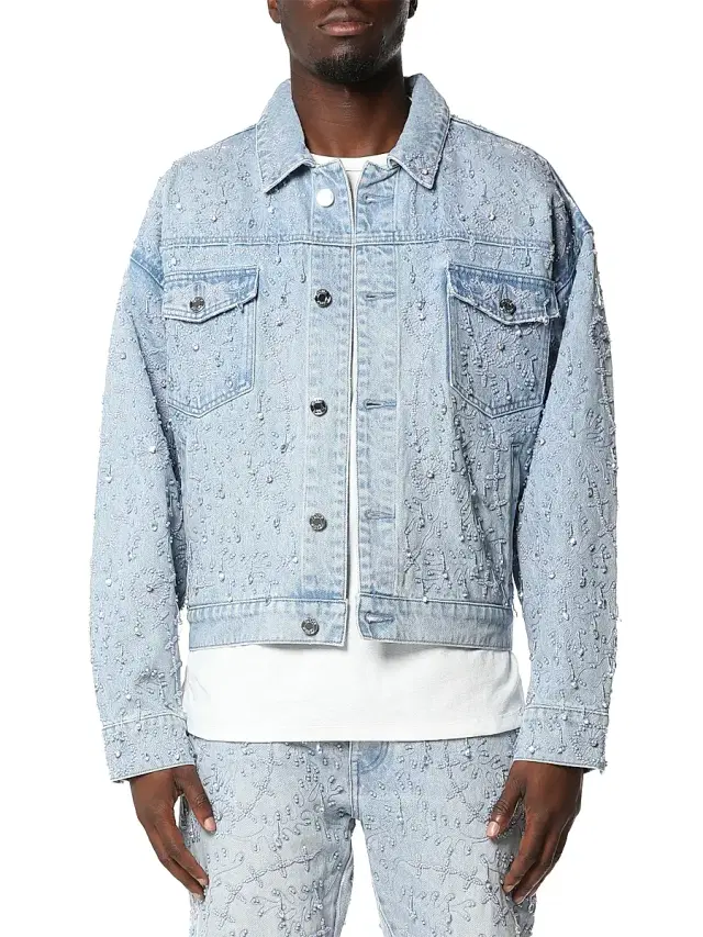 Men's Beaded Denim Trucker Jacket - Super Light Indigo