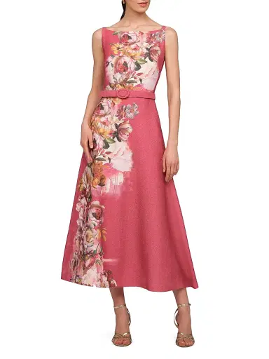 Kay Unger Women's Slyvie Floral Satin Belted Tea-Length Dress - Antique Rose - Size 18 | Thumbnail 2 Kay Unger Women's Slyvie Floral Satin Belted Tea-Length Dress - Antique Rose - Size 18 | Thumbnail 2