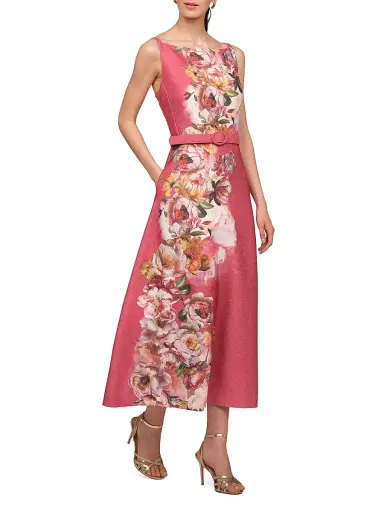 Kay Unger Women's Slyvie Floral Satin Belted Tea-Length Dress | Thumbnail 3 Kay Unger Women's Slyvie Floral Satin Belted Tea-Length Dress | Thumbnail 3