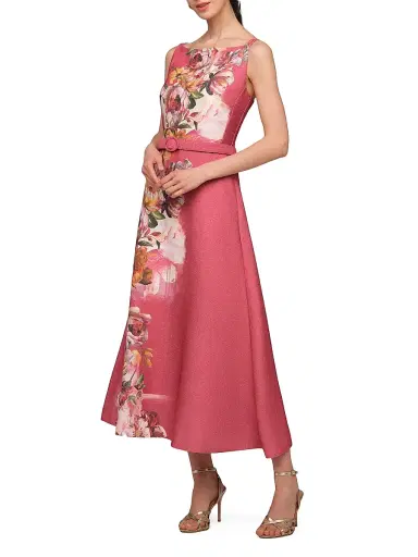 Kay Unger Women's Slyvie Floral Satin Belted Tea-Length Dress | Thumbnail 4 Kay Unger Women's Slyvie Floral Satin Belted Tea-Length Dress | Thumbnail 4